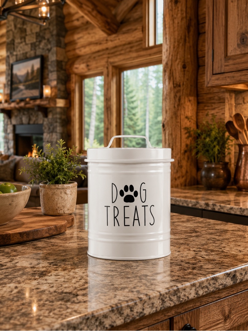 White Dog Treats Canister with Black Paw Design